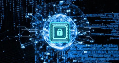 System booting secure globe showing padlock, mesh forming, pulsing, settling Stock Footage 331198125