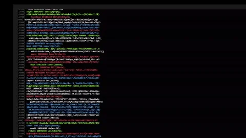 System breach hacking computer screen with scrolling colorful programming cod Видео 346514557