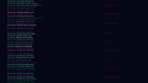 System breach hacking with digital terminal display of scrolling computer cod Stock Footage 346505038