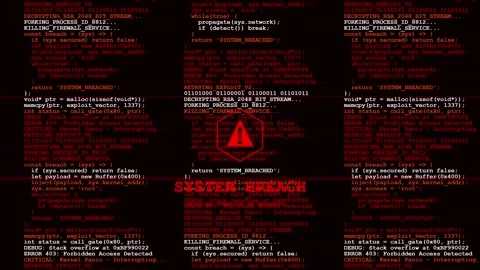 System breach hacking interface with red computer code and warning alert icon Stock Footage 346514739