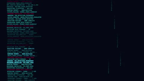 System breach hacking interface with scrolling malicious code and firewall Stock Footage 346505018