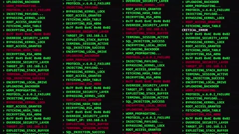 System breach hacking screen with scrolling terminal code, cyber security Stock Footage 346567479