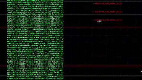 System breach hacking with scrolling green code and red kernel exploit comman Stock Footage 346569022