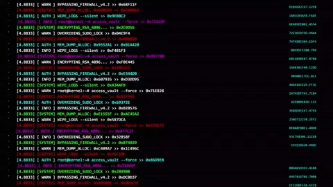 System breach hacking on a terminal screen with scrolling colored server Stock Footage 346567417