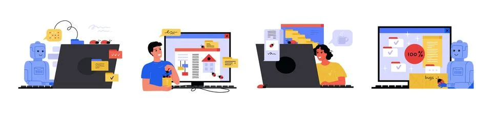 System bugs. QA software automation. Website error test or devops programming Stock Illustration