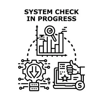 System check process evaluating data and performance Illustrazione stock
