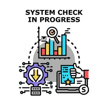 System check process evaluating data and performance Stock Illustration
