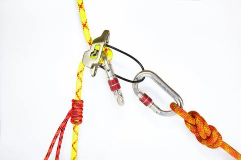 System classic dulfer using belay equipment ATC, isolated on white background Stock Photos