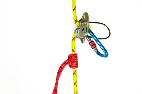 System classic dulfer using belay equipment ATC, isolated on white background Stock Photos