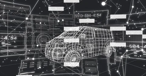 System command initiating digital twin scan, wireframe SUV rotating, Stock Illustration