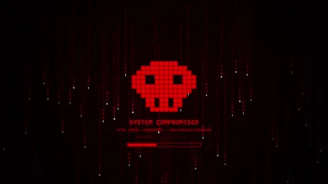 System Compromised Computer Screen Animation with Pixelated Skull Icon and .. 動画素材 347348347