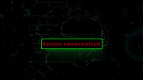 'System compromised' with programming and earth outline animation. Stock Footage 286142978