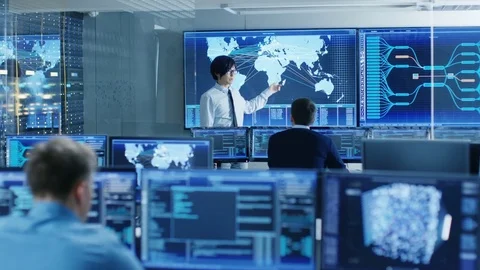 In the System Control Room Chief Engineer Holds a Briefing for Staff. Stock Footage 80982257