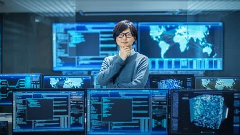 In the System Control Room Smart Engineer Turns and Makes Thinking Gesture. H 스톡 사진