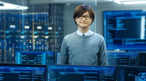 In the System Control Room Technical Operator Stands and Looks at the Camera. Stock Photos