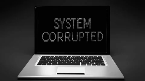 SYSTEM CORRUPTED message tv static effect on LAPTOP portable computer screen Stockbeeldmateriaal 119341198
