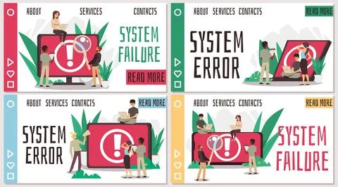 System crash and error warning website interfaces set, flat vector illustration. Ilustración de archivo
