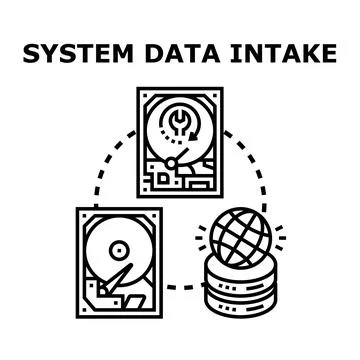 System data intake concept with hard drives and database Illustrazione stock