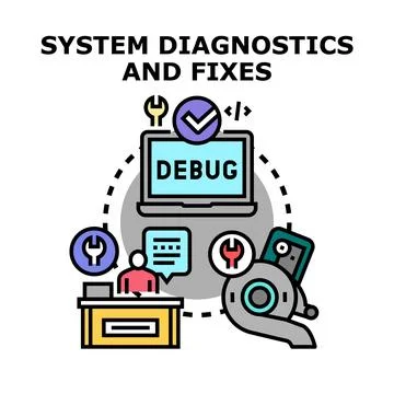 System diagnostics and fixes process with debugging and support Illustrazione stock