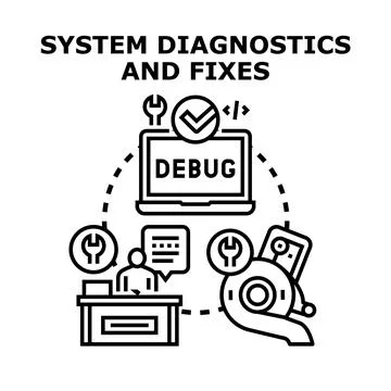 System diagnostics and fixes process with debugging and support Stock Illustration