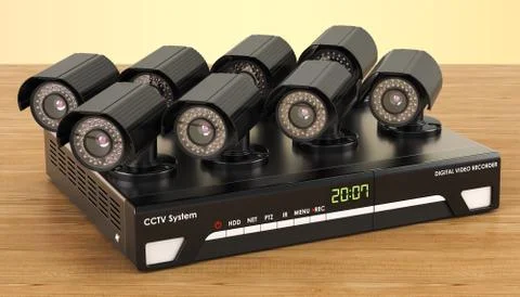 System digital video recorder, cctv on the wooden table. 3D rendering Illustrazione stock