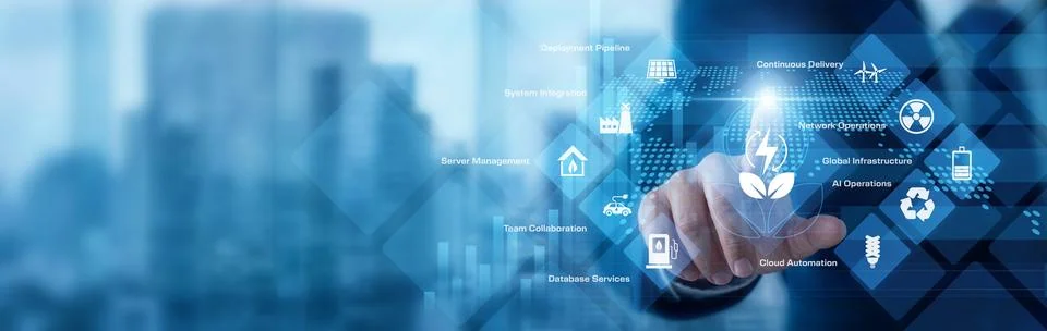 System engineer analyzing digital data pointing hand at DevOps integration .. Stock Photos