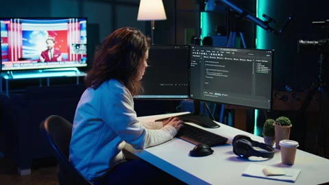 System engineer in living room writing lines of code Stock Footage 283592869