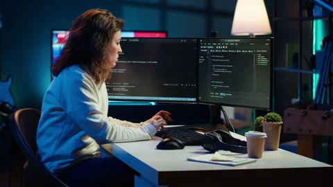 System engineer in living room writing lines of code Stock Footage 283691153