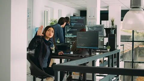 System engineer looking at server ar hologram Stock-Fotos