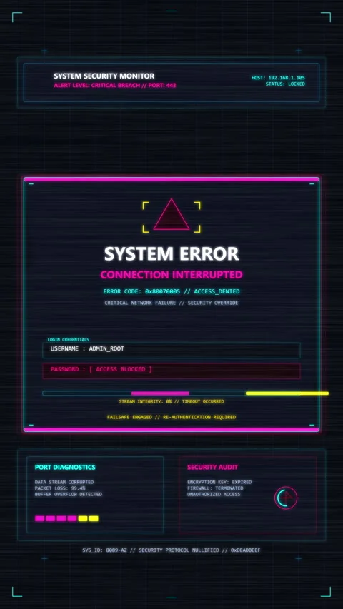 System error animation featuring glitch hud overlay and neon interface Stock Footage 346643497