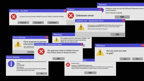 System error icon failure pc interface. Many pop-up windows on the desktop Stock Footage