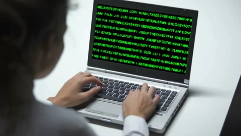 System error on laptop computer, woman working in office, cybercrime, hacking Stock Footage 99003098