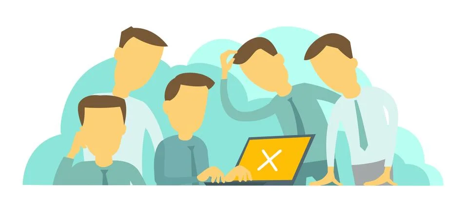 System error in laptop. Difficult situation at work. Company of five people Stock Illustration