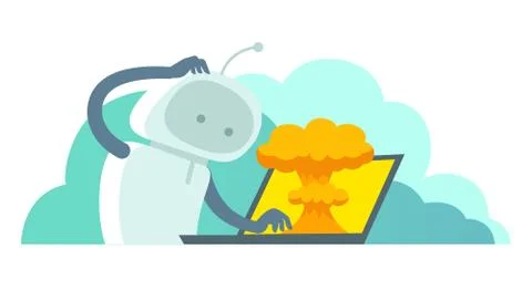 System error in laptop epic fail. Atomic bomb explosion nuclear, robot and bug Stock-Illustration