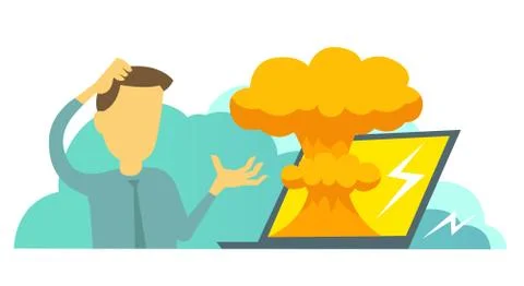 System error in laptop epic fail. Atomic bomb explosion nuclear, Man manager Stock Illustration