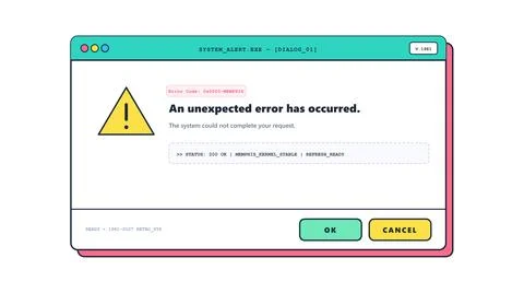 System error popup window with warning sign and unexpected error message Stock Illustration