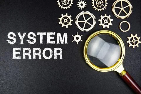 System Error text message with magnifying glass on black background Foto stock