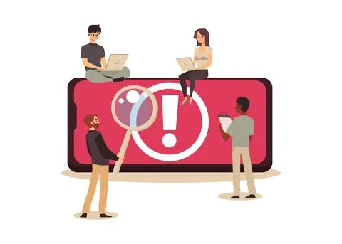 System failure, exclamation point on the red screen and workers around fixing Stock Illustration