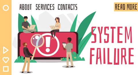 System failure warning webpage screen interface, flat vector illustration. Illustrazione stock