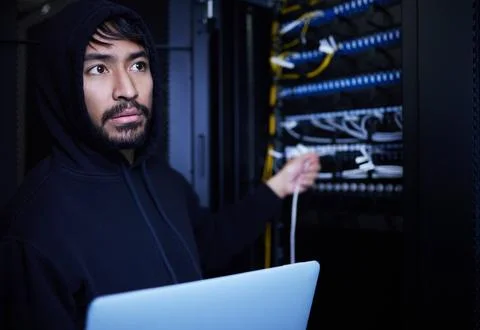 System, fraud and hacker stealing software, website data and information on Stock Photos