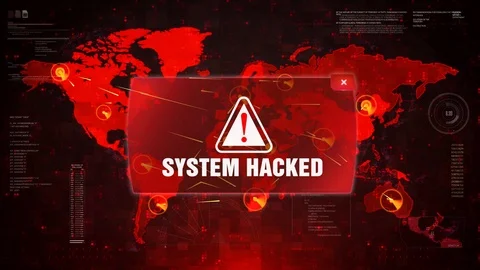 System Hacked Alert Warning Attack on Screen World Map Loop Motion. Stock Footage 99217505