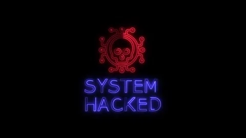 System hacked neon sign animation with red skull circuit icon and blue glow.. Stock Footage 345548374
