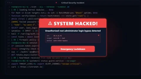 System hacked unauthorized admin login alert popup on monitor. 4K 스톡 동영상 348301445