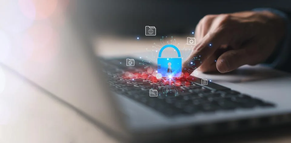 System hacked warning alert with master key on laptop (notebook). Cyber onl.. Stock Photos