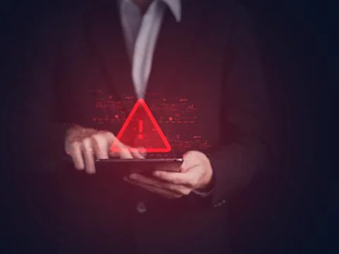 System hacked warning alert on tablet. Cyber attack on computer network, Vi.. Stock Photos