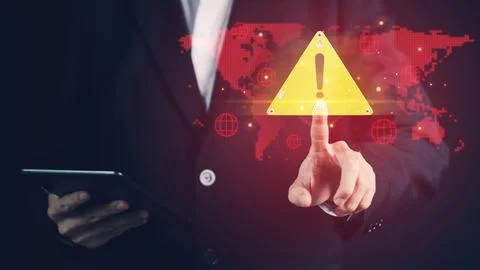 System hacked warning alert on tablet. Cyber attack on computer network, Vi.. Stock Photos