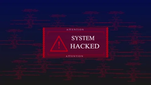 System Hacked Warning with Code and Red Alert Symbol on Dark Blue animation.. Stock Footage 331874751