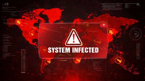 System Infected Alert Warning Attack on Screen World Map Loop Motion. Stock Footage 99217746