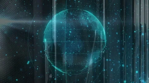 System initializing and holographic globe rotating, shifting map dots and orbit Stock Footage 332566397