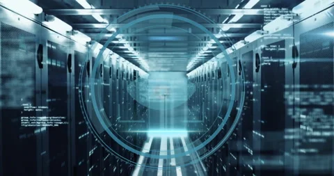 System initiating code drifting server racks, HUD fading, scan bar forming eye, Stock Footage 310643242